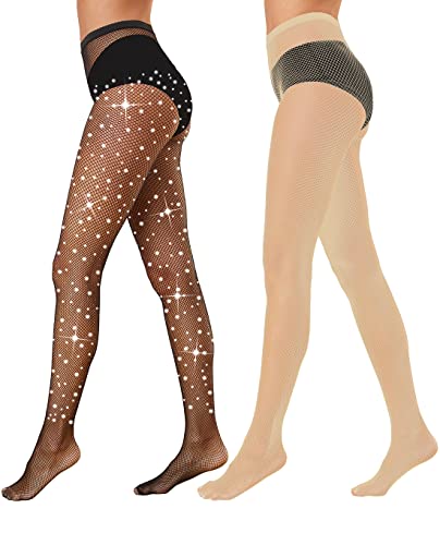 LemonGirl 1/2 medias de malla de cintura alta para mujer, con diamantes de imitación, para 80 a 140 libras, 2 unidades, negro y diamantes de imitación, Altoa única