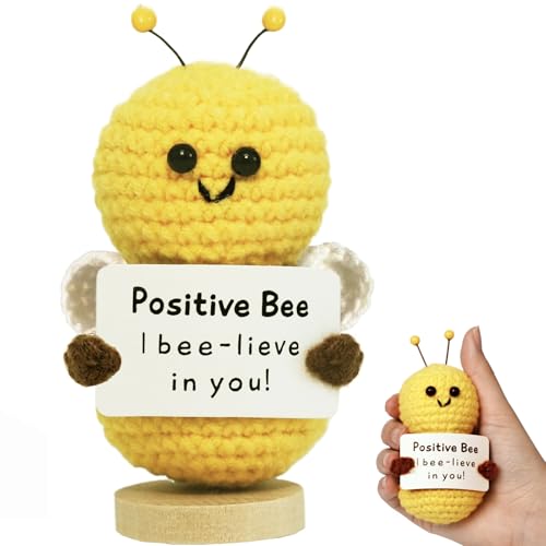 3IN Positive Crochet Animals Handmade Mini Emotional Support Bee with Inspirational Card,Funny Knitted Doll Birthday Gifts for Women Mom Daughter Sister Teen Girl Friend Easter Christmas Room Decor
