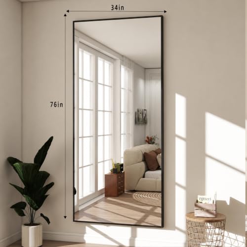 Image of BEAUTYPEAK 76 inchx34 inch Rectangle Full Body Floor Mirrors, Full Length Mirror Hanging or Leaning, Aluminum Alloy Frame Wall Mirror for Bedroom, Dressing Room, Black