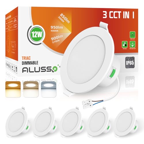 ALUSSO IP65 LED Downlights Ceiling Dimmable 12W 960LM LED Recessed Ceiling Spot Lights 3000K Warm 4000K Neutral 5700K Cool Adjustable Spotlights Ceiling Lights for Bathroom Kitchen, White, 6 Pack