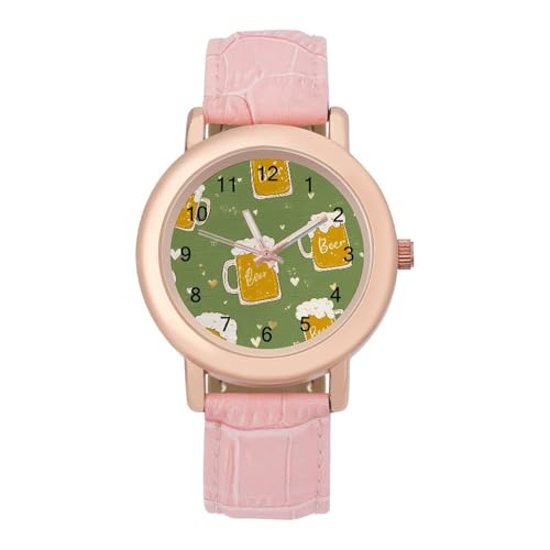 Damenuhr mit Bierkrug- Muster, Lederuhren, klassisch, Business, elegant, verstellbare Armbanduhr