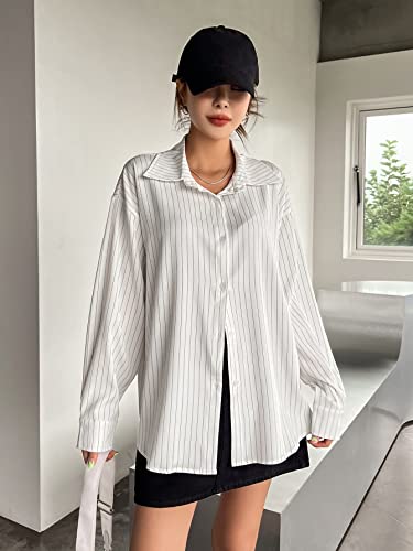 Image of Aahwan Solid Button Up Drop Shoulder Vertical Stripe Pattern Casual Long Sleeve Shirt for Women's & Girl's
