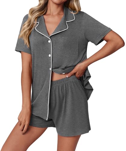 Image of Ekouaer Pajamas Set for Women 2 Piece Pjs Short Sleeve Sleepwear Button Down Lounge Shorts Sets S-XXL
