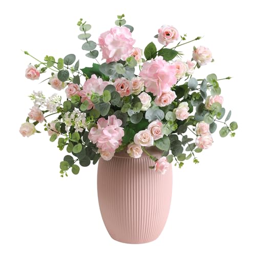 Serra Flora 10pcs Faux Silk Rose Artificial Flowers for Vase, Indoor Bulk Fake Eucalyptus with Stems for DIY Bouquet Centerpieces Wedding Fillers Arrangements Shower Decorations