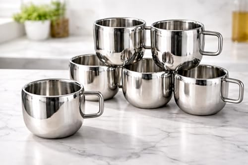 Image of Stainless Steel Tea Cups Set of 12 with Handle | Mirror Finish Chai Cups | 90ml Tea & Coffee Serving Cups | Rust Resistant | Double wall Apple Shaped (Silver)