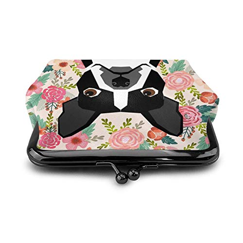 Boston Terrier Floral Dog Women's Leather Coin Purse, Small Change Pouch With Kiss-Lock Clasp Closure Buckle Wallet For Girl Gift #TOP1