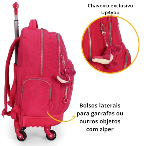 Kit Mochila 4 rodinhas giro 360 graus Lancheira Termica e Estojo Box Chaveiro Pelucia Pink Up4you