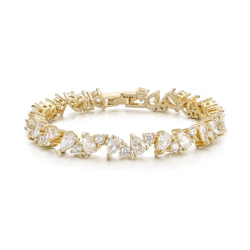 EVER FAITH - EVER FAITH Gorgeous Pear-shaped Cubic Zirconia Wedding Tennis Bracelet for Bride Bridesmaid, Elegant Round Stone Gold Plated Bridal Lightweight Prom Accessories Jewelry for Women