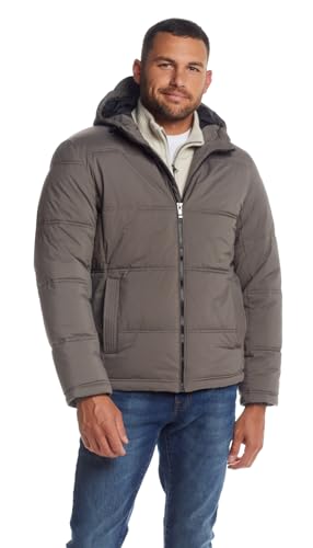 Weatherproof Hooded Puffer Jacket for Men - Water Resistant Bubble Coat for Men | Mens Jacket with Hood | Lightweight Down Alternative Puffy Winter Jackets, Zip Up Outdoor Jacket, Taupe Large