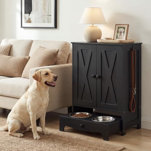 HOOBRO Dog Feeding Station with Feeding Bowls, Pet Organizer Cabinet with Storage and Hooks, Pet Feeding Station with Sliding Drawer and 2 Hidden Bowls for Dog & Cat, Black BK12PO03G1