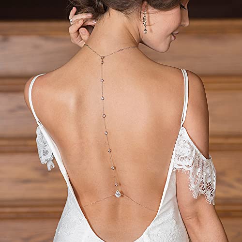 Xsbody Crystal Wedding Backdrop Necklace For Women Bridal Long Cubic Zirconia Dainty Back Necklace Body Chain Jewelry Festival Prom Gift (Silver) #TOP5