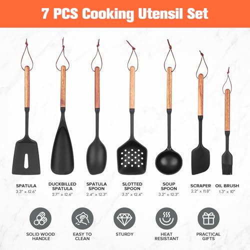 Silicone Cooking Utensils Set of 7 Pack, Wood Handle Heat-Resistant Kitchen Utensils, Non-Stick Cookware Safe - Include Spatula, Spoon, Ladle, Bowl Scraper, Basting Brush for Cooking, Baking, BBQ — view 6