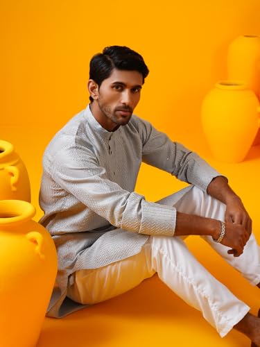 Image of SOJANYA (Since 1958 Men's Silk Bend Krochet Thread Embroidered Kurta with White Pyjama