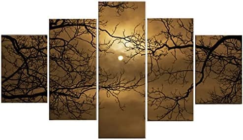 Tableau intissé lune de nuit : peinture 5 panneaux 100x50 cm avec cadre