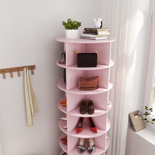 Image of HKLYRHIMO Rotating Storage Rack-American Design White-7-Tier Spinning Storage Rack,Free Standing 360 Revolving Shoe Organizer-for Bedroom,Livingroom,Hallway. (Pink,7-Tier with Base)