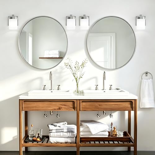 Image of 4.72 Inches Bathroom Vanity Lights, 1-Light Chrome Bathroom Llight Fixtures Over Mirror with Milky White Square Glass Shade, Modern Farmhouse Bathroom Wall Lamp, Wall Sconces Set of Two