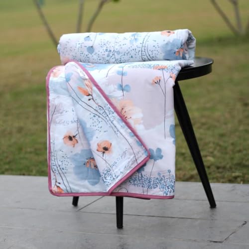 Image of LORETO - A QUALITY LINEN BRAND 100% Cambric Cotton Double Dohar 88 x 90 Inches, 3-Layer AC Blanket with Soft Cotton Flannel Filling, Summer Quilt, Reversible, Blush Breeze Floral - Blue & Peach