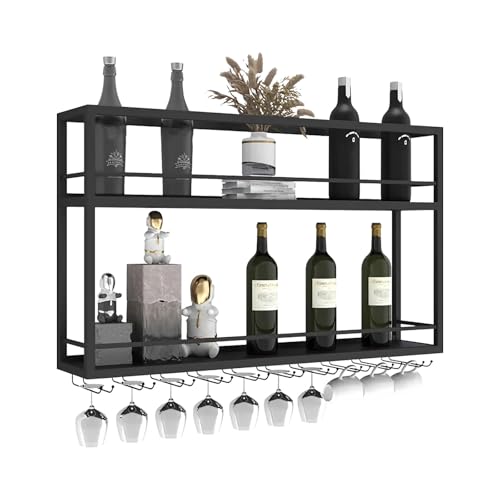 MSHGSKU Botellero rústico de Pared de Dos Niveles con Soporte para Copas, de Madera y Metal, Ideal para Bar o Cocina (200 × 20 × 65 cm)