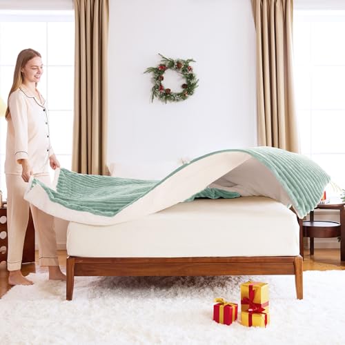 WAVVE Decke Sherpa Kuscheldecke Flauschig Grün - Extra Warme Dicke Weiche Grobe Kordecke Sofaüberwurf, Sofadecke Doppelgesicht, 220x240 cm XL Wolldecke Couchdecke Wohndecke