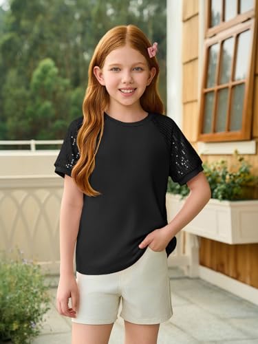Image of Haloumoning Girls Sequin Short Sleeve T Shirts Kids Summer Crewneck Tops Fashion Tees 5-14 Years