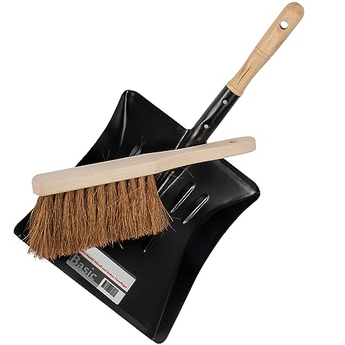 Metall Kehrblech und Handfeger Kokus im SET Kehrschaufel Hand Besen Feger Holz Griff Kehr Schaufel Kehrset Kehrgarnitur (1x Schwarz)