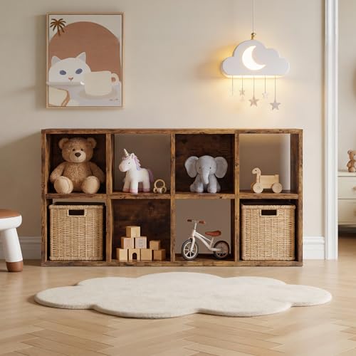 LUCKLIFE 8-Cube Storage Organizer, Stackable Modular Bookcase Shelf with Vertical or Horizontal Use, Fits 11×11' Bins, Optional Back Panels, for Living Room, Office Rustic Brown