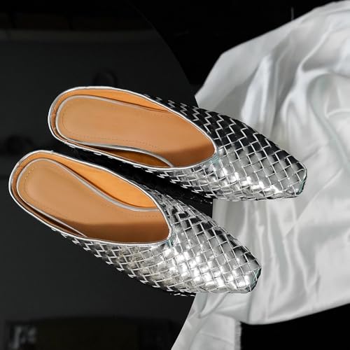 Image of Woven Mules for Women Slip on Comfortabke Metallic Slides Ladies Trendy Square Toe Hidden Wedge Mules