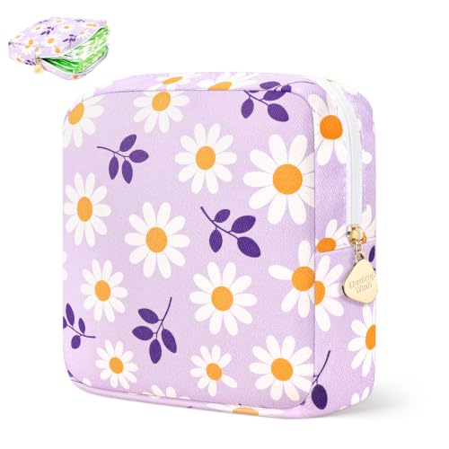 Image of Sanitary Pad Storage Bag Portable Period Bag for Teen Pads /Sanitary Napkins /Small Tampons, Sanitary Napkin Storage Bag First Period Gifts for Teen Girls (Purple Daisy)