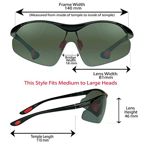 proSPORT Óculos de sol bifocais + 3.00 lentes fumê armação preta masculina e feminina semi aro envol