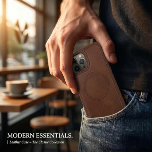 Image of amazon basics Premium PU Leather Case for iPhone 12 Pro Max, MagSafe Compatible Magnetic Ring, Sleek Protective Back Cover - [Brown]