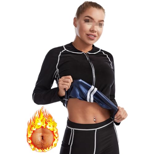 Vuirrm Sauna Shirt for Women, Workout Shirt Long Sleeve with Zipper, Women's Slimming Sweat Burn Fat Tummy Control Sweatshirt Top,L,Black