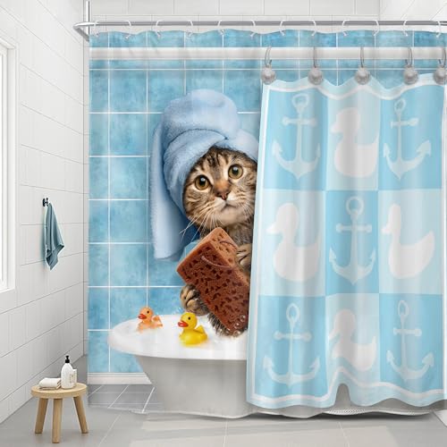 Riyidecor Funny Cat Shower Curtain 72Wx72H Kids Cute Cartoon Blue