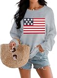 DUTUT American Flag Sweatshirt Women 4th of July Shirts Long Sleeve Crewneck Graphic USA Sweatshirts Patriotic Sweater Light Grey
