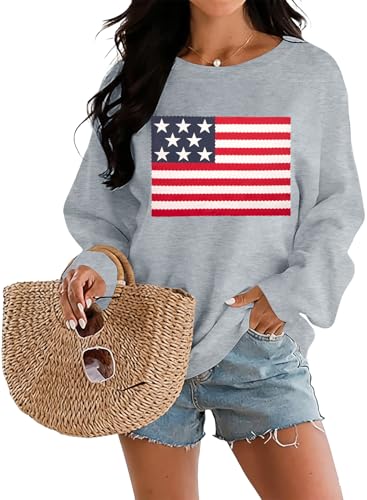 DUTUT American Flag Sweatshirt Women 4th of July Shirts Long Sleeve Crewneck Graphic USA Sweatshirts Patriotic Sweater Light Grey