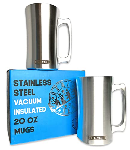 Real Deal Steel Stainless Steel Insulated Beer Mug 20 Oz Beer Stein with Welded Handle - Large Metal Tankard for IPA, Coffee, Tea - Double Walled Mugs for Hot or Cold Drinks (2)