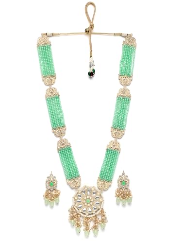 Image of Karatcart Gold Plated Green Crystal and Pearl Studded Kundan Rani-Haar Necklace Set for Women