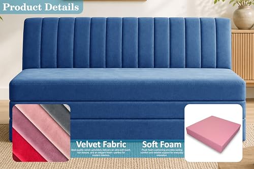 Image of 3-Seater Foldable Floor Sofa Bed with, Modern Velvet Fabric Folding Couch for Living Room, Guest Room & Small Spaces-Blue