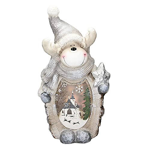 ECD Germany Statuetta Renna con Illuminazione LED 51cm Bianco Caldo Statua Luminosa con Cappello Grigio e Sciarpa Aspetto Legno a Batteria Decorazione Figura Natalizia Ornamento da Tavolo per Interni