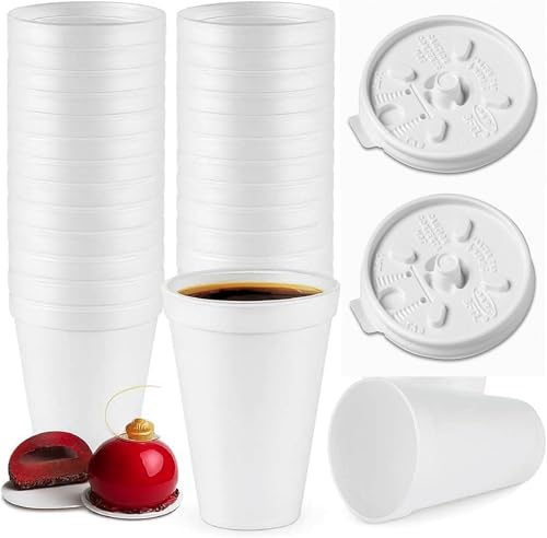 Concession Essentials Foam Cups with Lids 8 oz Hot and Cold Drinks Made in USA 40 Count Pack White Disposable