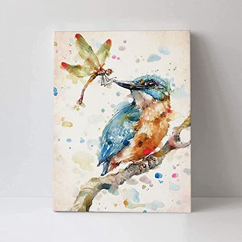 Abstract Dragonfly Canvas Print Wall Art, Colorful Bird On A Tree Branch Painting Picture Print, Modern Watercolor Insect Artwork Home Decor Framed For Bathroom Living Room Bedroom Office 12Inx16In #TOP2
