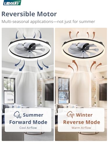 Image of LEDIARY Ceiling Fans with Lights, 23 inch Low Profile Flush Mount Ceiling Fan, Dimmable LED, APP & Remote Control, Quiet Reversible DC Motor, 6 Speeds, Fandelier for Bedroom, Black