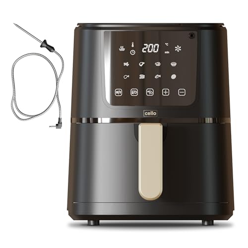 Cello 4 Litre 1400W Digital Air Fryer in Black with In-Built ProChef Food Thermometer 8 Presets, Grill, Roast, Bake, Recipes included, Non-Stick, Touch Control, Compact, Dishwasher Proof