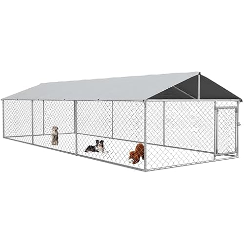 PawHut Outdoor Dog Kennel, Heavy Duty Dog Run Outdoor Fence with Waterproof Cover, Galvanized Chain Link, Secure Lock, for Large Sized Breeds, Chickens, Ducks, 20' x 7.5' x 5'