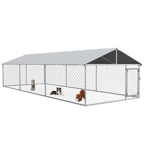 PawHut Outdoor Dog Kennel, Heavy Duty Dog Run Outdoor Fence with Waterproof Cover, Galvanized Chain Link, Secure Lock, for Large Sized Breeds, Chickens, Ducks, 20' x 7.5' x 5'