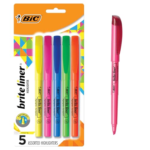 BIC Brite Liner Chisel Tip Highlighters, Long-Lasting, 5-Count in Assorted Colors for School Supplies