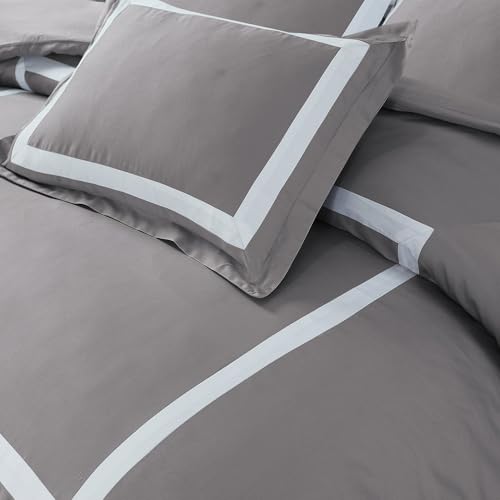 Majestic Giftware Madison Linen 8-Piece Full Size Duvet Bedding Set (BL1-F-3) | Province Hotel Collection-Taupe-White Tape 400 TC Cotton Sateen | 2 Fitted Sheets, 2 Duvets, 4 Pillowcases