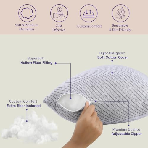 Image of Wakefit Large Size Sleeping Pillow | Height Adjustable | Soft & Fluffy Comfort | Light Grey | 36 x 20 Inch | Set of 1 |Free Extra Fiber for Custom Comfort