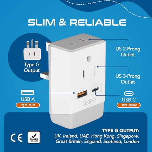 Image of Ceptics UK Ireland Hong Kong Plug Adapter, International Power Plug with USB & USB-C - 2 USA Socket, QC 3.0 & PD - Type G Outlet Adapter for USA to British England Scotland London - Fast Charging