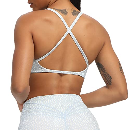 Aoxjox Women's Workout Sports Bras Fitness Backless Padded Sienna Low Impact Bra Yoga Crop Tank Top (Light Blue Dot Print, Large) #TOP2