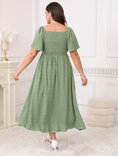 Image of Plus Size Casual Maxi Boho Dress for Curvy Women Short Sleeve Square Neck Smocked Summer Beach Dresses Button Down